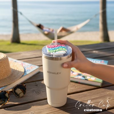 Retro Summer Wave Stanley Name Plate, Beach Stanley Topper