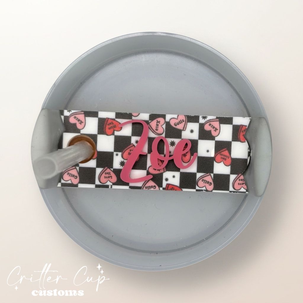 Checkered Heart Stanley Name Plate, Custom Valentine's Day Stanley Topper