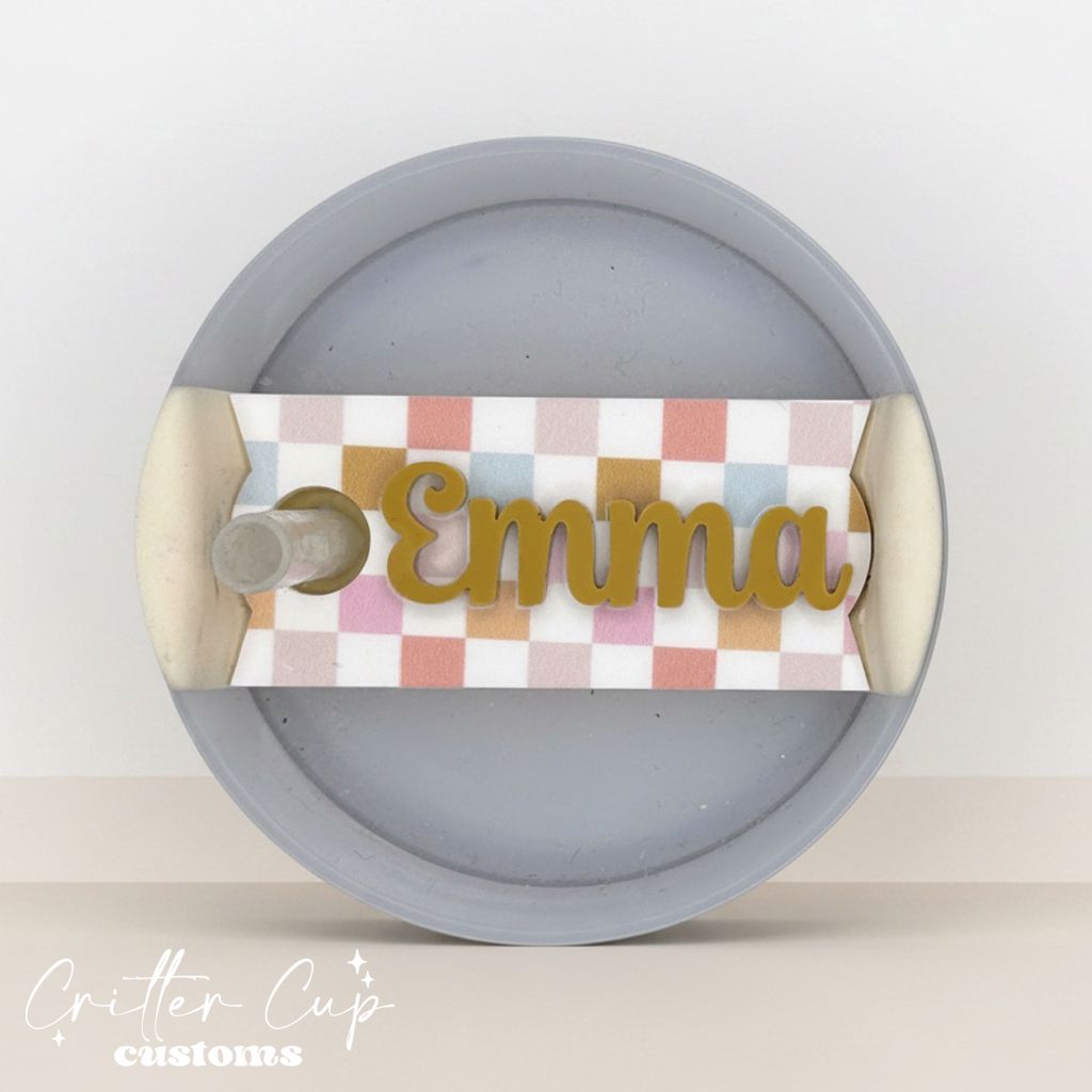 Boho Checkered Stanley Name Plate, Custom Stanley Topper