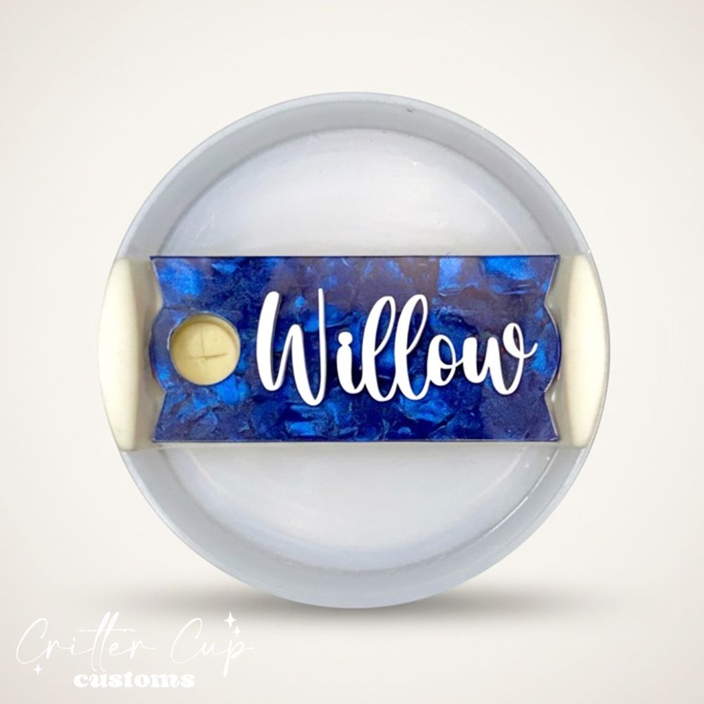 Blue Stained Glass Stanley Name Plate, Custom Winter Stanley Topper