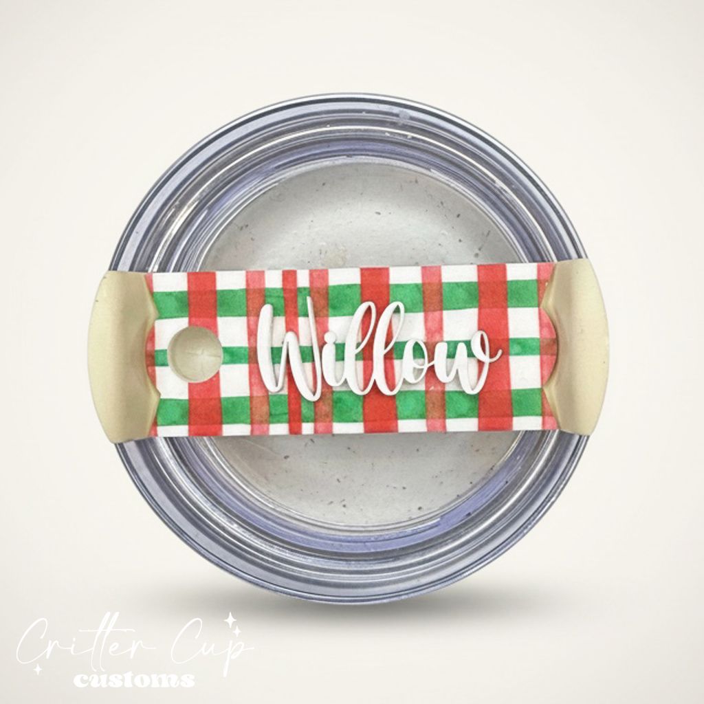 Red and Green Plaid Stanley Name Plate, Custom Christmas Stanley Topper