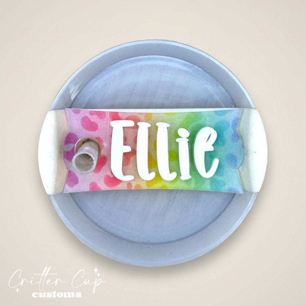 Neon Leopard Stanley Name Plate, Custom Glitter Rainbow Leopard Topper