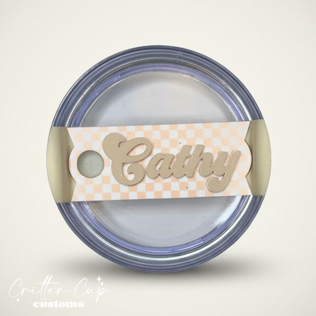 Peach Checkered Stanley Name Plate, Custom Checkered Stanley Topper