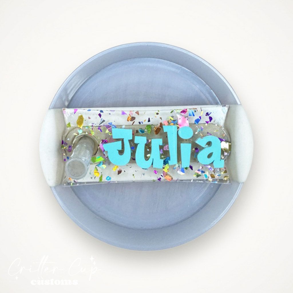 Transparent Rainbow Flake Glitter Stanley Name Plate, Custom Glitter Stanley Topper