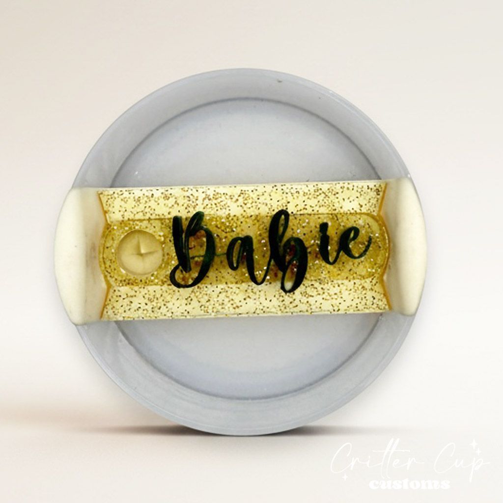 Gold Transparent Glitter Stanley Name Plate, Custom Glitter Stanley Topper