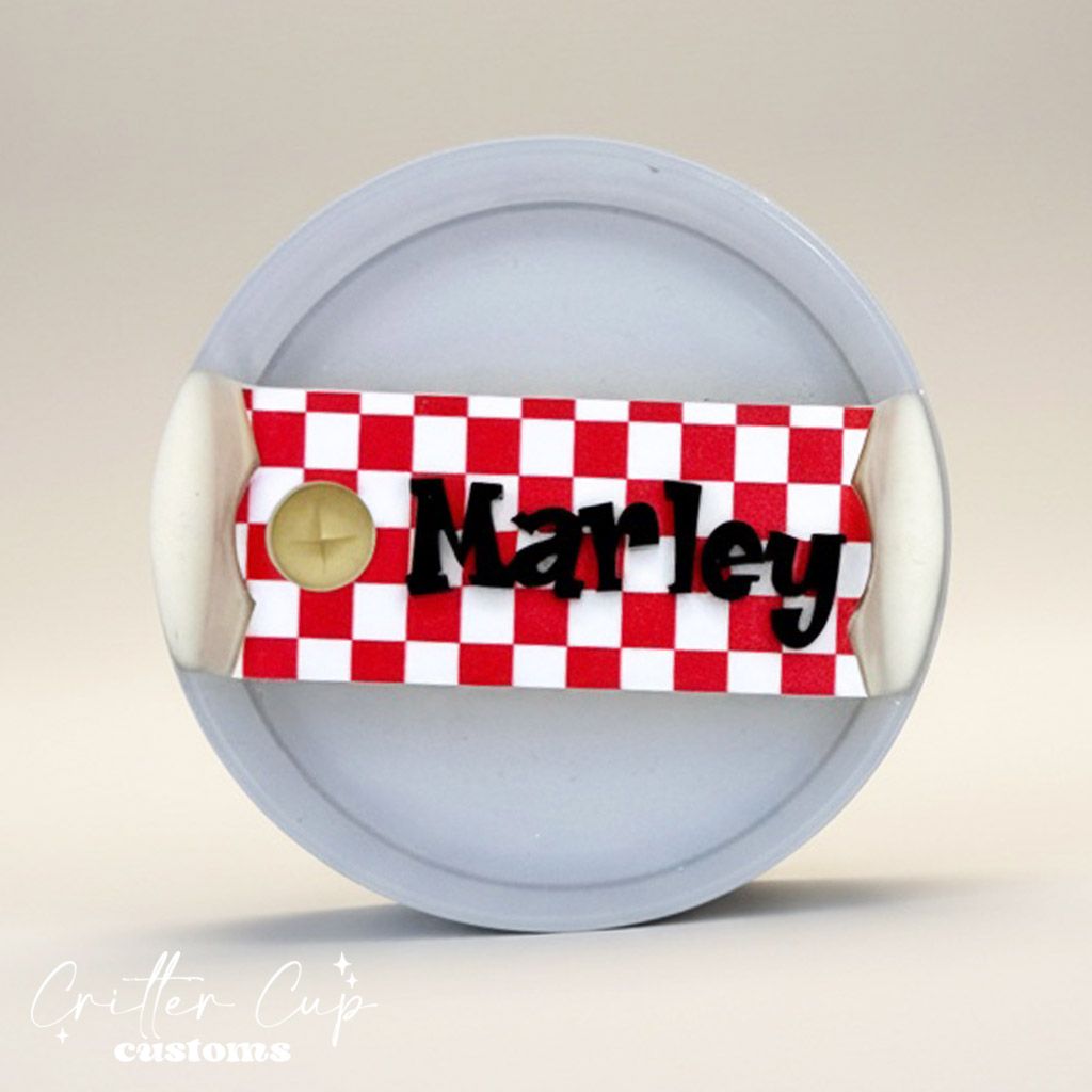 Red Checkered Stanley Name Plate, Custom Checkered Stanley Topper
