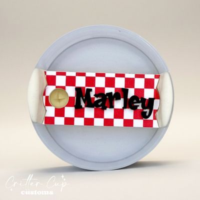 Red Checkered Stanley Name Plate, Custom Checkered Stanley Topper
