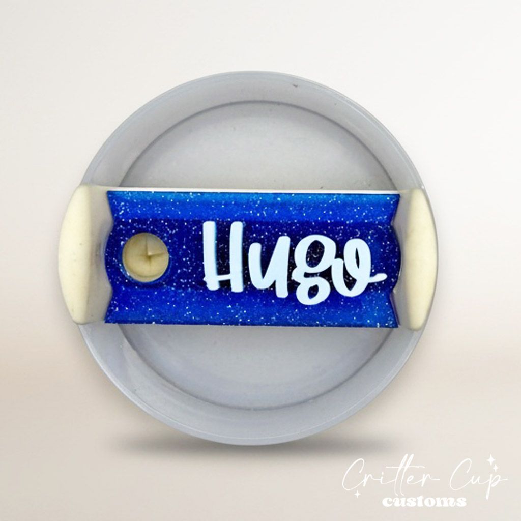 Blue Transparent Glitter Stanley Name Plate, Custom Glitter Stanley Topper
