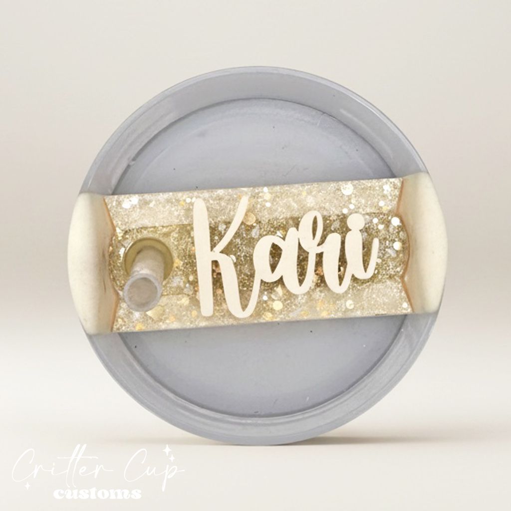 Gold and Ivory Glitter Stanley Name Plate, Custom Glitter Stanley Topper