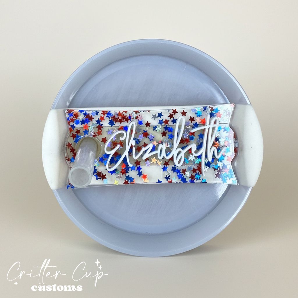 Patriotic Glitter Star Stanley Name Plate, Custom 4th of July Stanley Topper