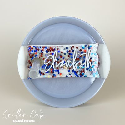 Patriotic Glitter Star Stanley Name Plate, Custom 4th of July Stanley Topper