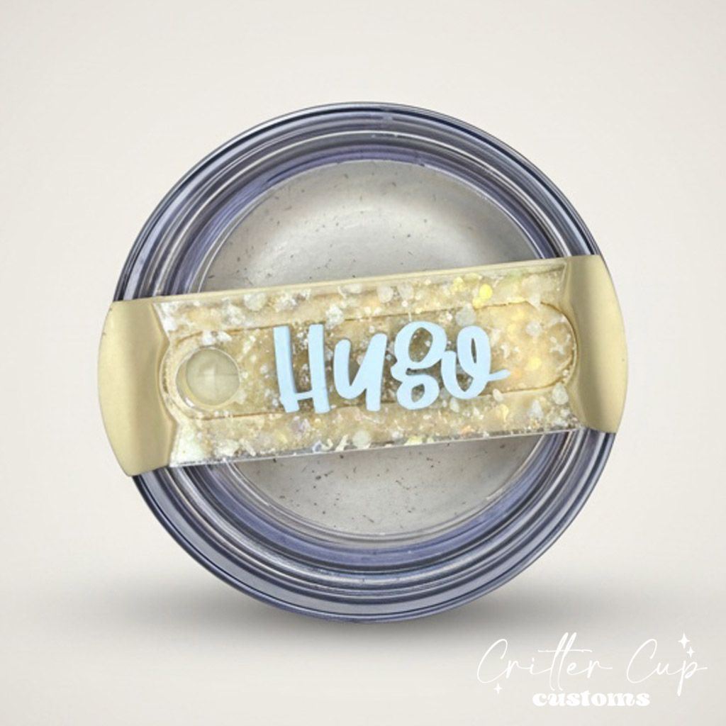 Chunky White Iridescent Glitter Stanley Name Plate, Custom Glitter Stanley Topper