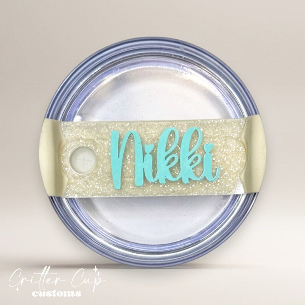 White Iridescent Glitter Stanley Name Plate, Custom Glitter Stanley Topper