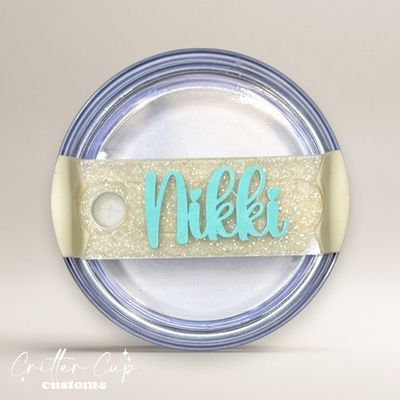 White Iridescent Glitter Stanley Name Plate, Custom Glitter Stanley Topper