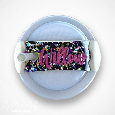 Black Rainbow Flake Glitter Stanley Name Plate, Custom Glitter Stanley Topper