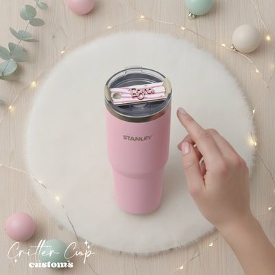 Pink and White Christmas Cake Frosting Pattern Stanley Name Plate, Custom Christmas Stanley Topper