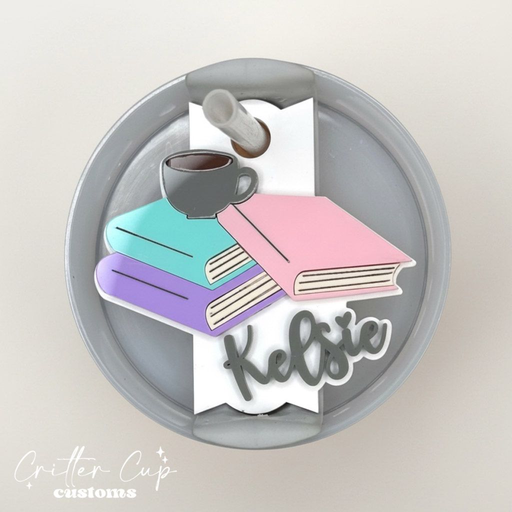 Personalized Book Stack Stanley Name Plate, Custom Books and Coffee Stanley Topper