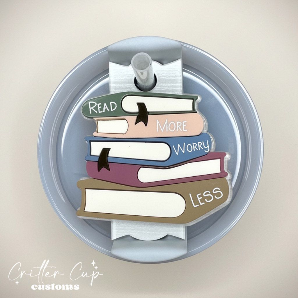 "Read More Worry Less" Stanley Name Plate, Custom Book Stack Stanley Topper