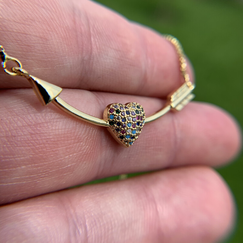 Gold Multi-Color Cubic Zirconia Cupid’s Heart Arrow Pendant &amp; Necklace
