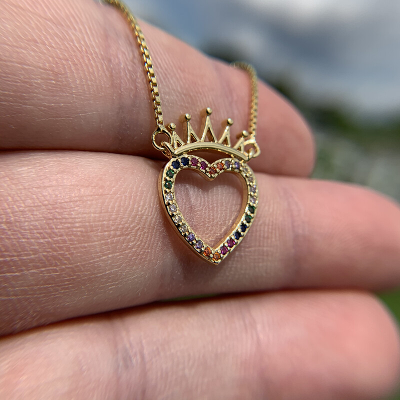 Gold Multi-Color Cubic Zirconia Crown Heart Pendant &amp; Necklace