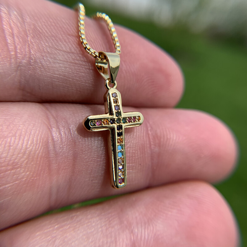 Gold Multi-Color Cubic Zirconia Cross Pendant &amp; Necklace