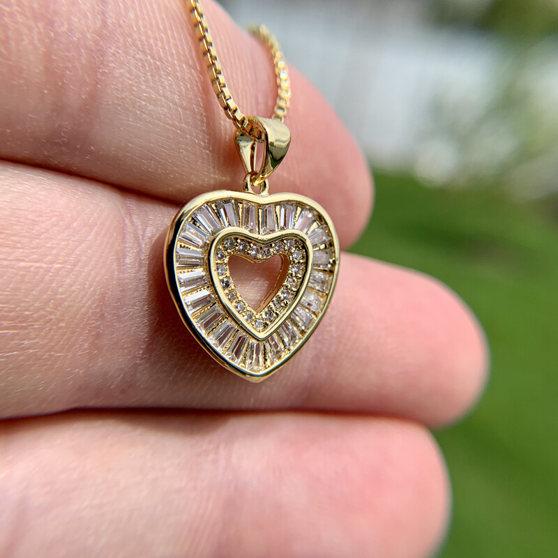 Gold Clear Cubic Zirconia Heart Pendant &amp; Necklace