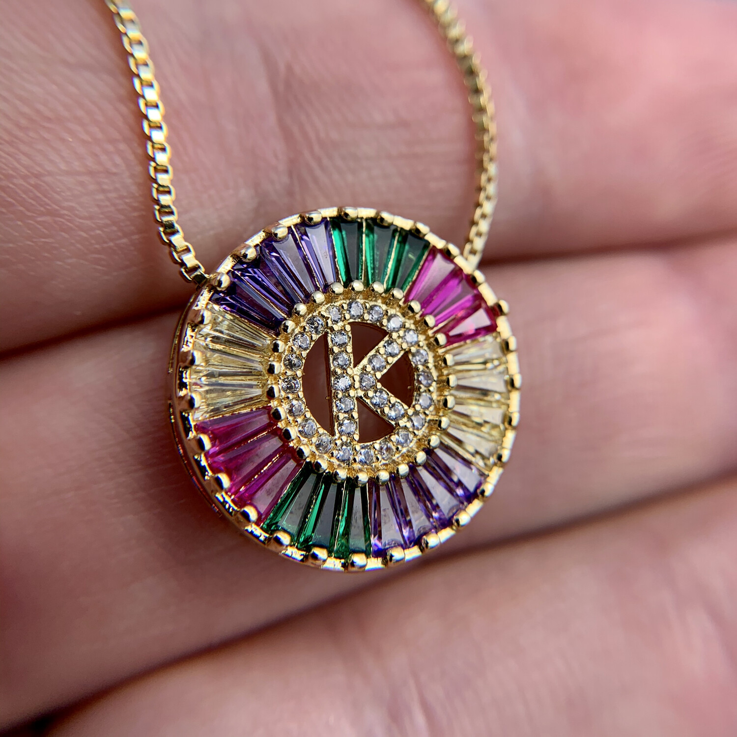 Gold Round Multi-Color A-Z Initial Cubic Zirconia Pendant &amp; Necklace