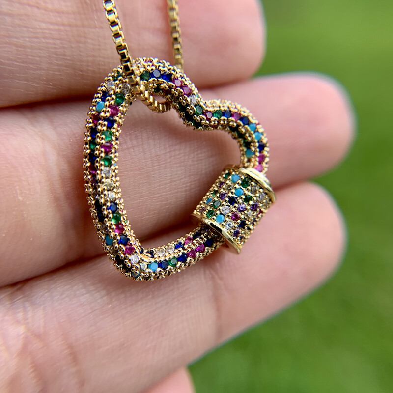 Gold Multi-Color Screw-Lock Carabiner Heart Pendant &amp; Necklace