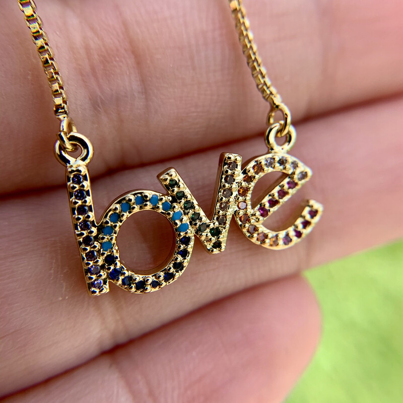 Gold Multi-Color Cubic Zirconia Love Letters Pendant &amp; Necklace