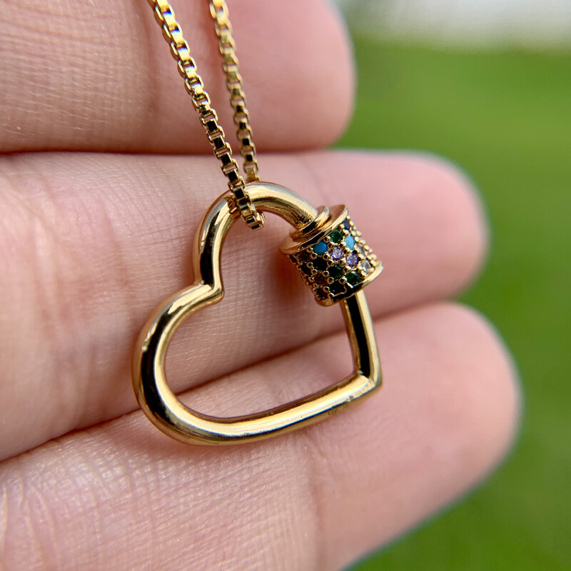 Gold Heart Cubic Zirconia Screw-Lock Carabiner Pendant &amp; Necklace