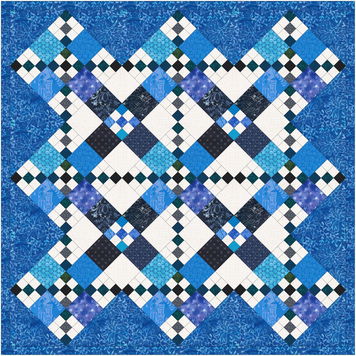Blue Voyage Scrappy Wall, Lap & Queen Size Quilts
