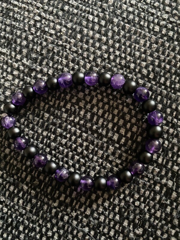 Amethyst and Matte Black Agate Elasticated Bracelet