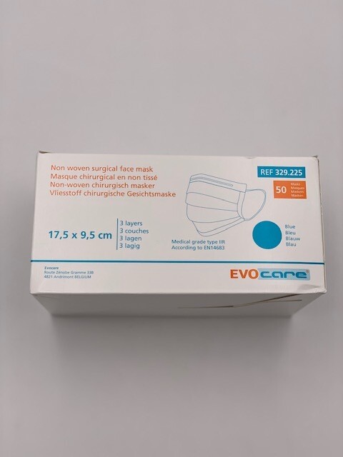 MASQUES DE SOIN BLEU EVOCARE THF TYPE IIR
(BOÎTE DE 50)
Prix TVAC : 3,50 €