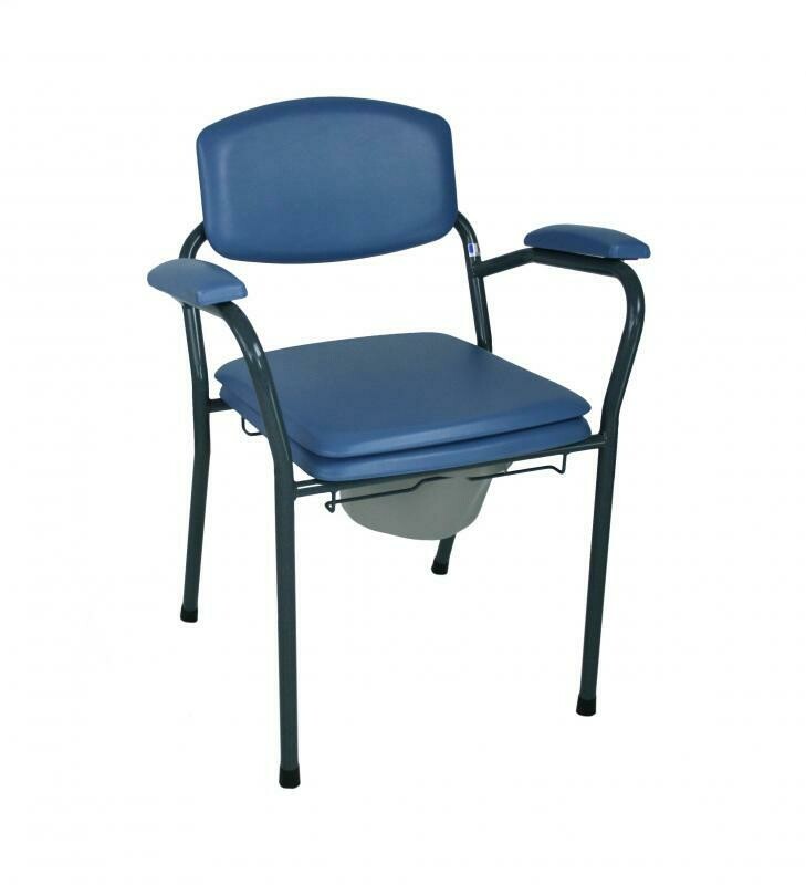 CHAISE HYGIÉNIQUE FIXE AVEC SEAU ERGONOMIQUE, VINYLE BLEU. Prix TVAC : 119,00€