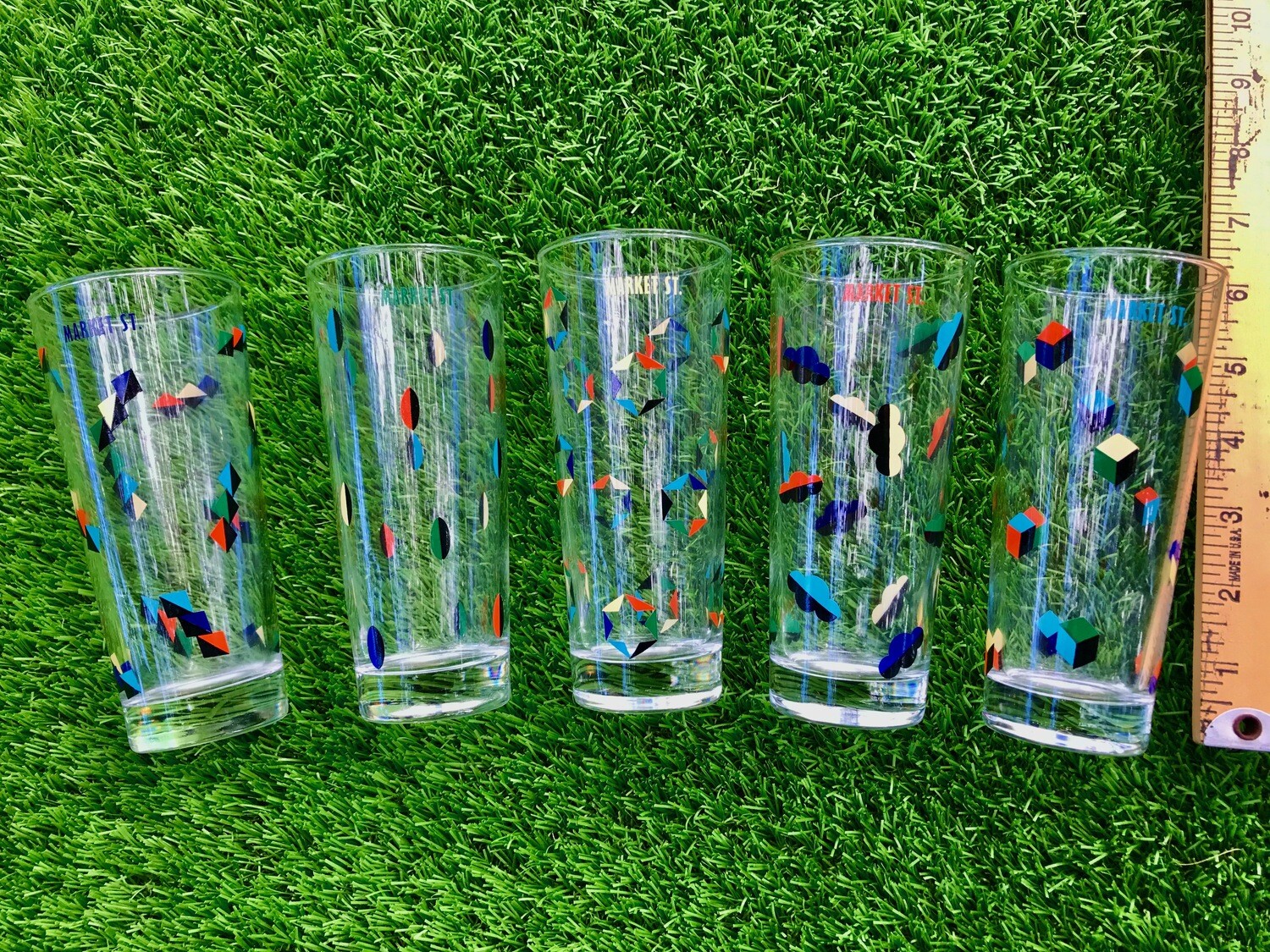 Abstract designed tall glasses. Set of 5