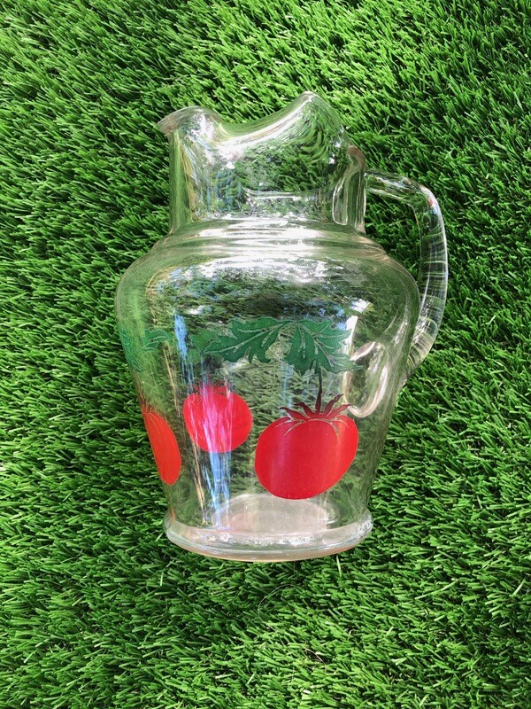 1950s Vintage Anchor Hocking Clear Glass Pitcher w/ painted Tomatoes