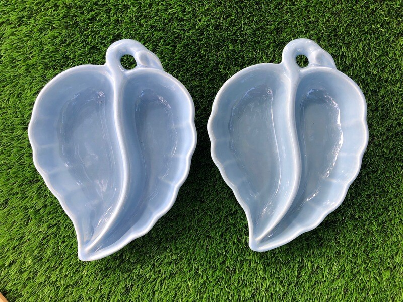 Pair of Vintage Blue Leaf Divided Ceramic Dish - California Pottery