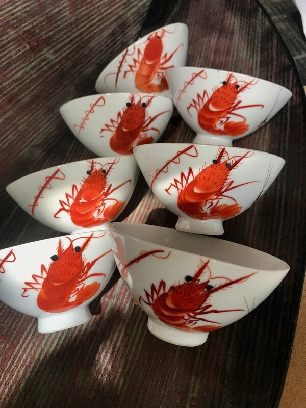 Vintage Y.Y. Porcelain Shrimp Pattern soup bowls - set of 7