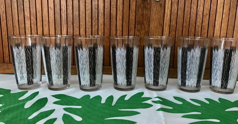 Vintage Glasses with Black &amp; White Fine Vertical Stripes - set of 7