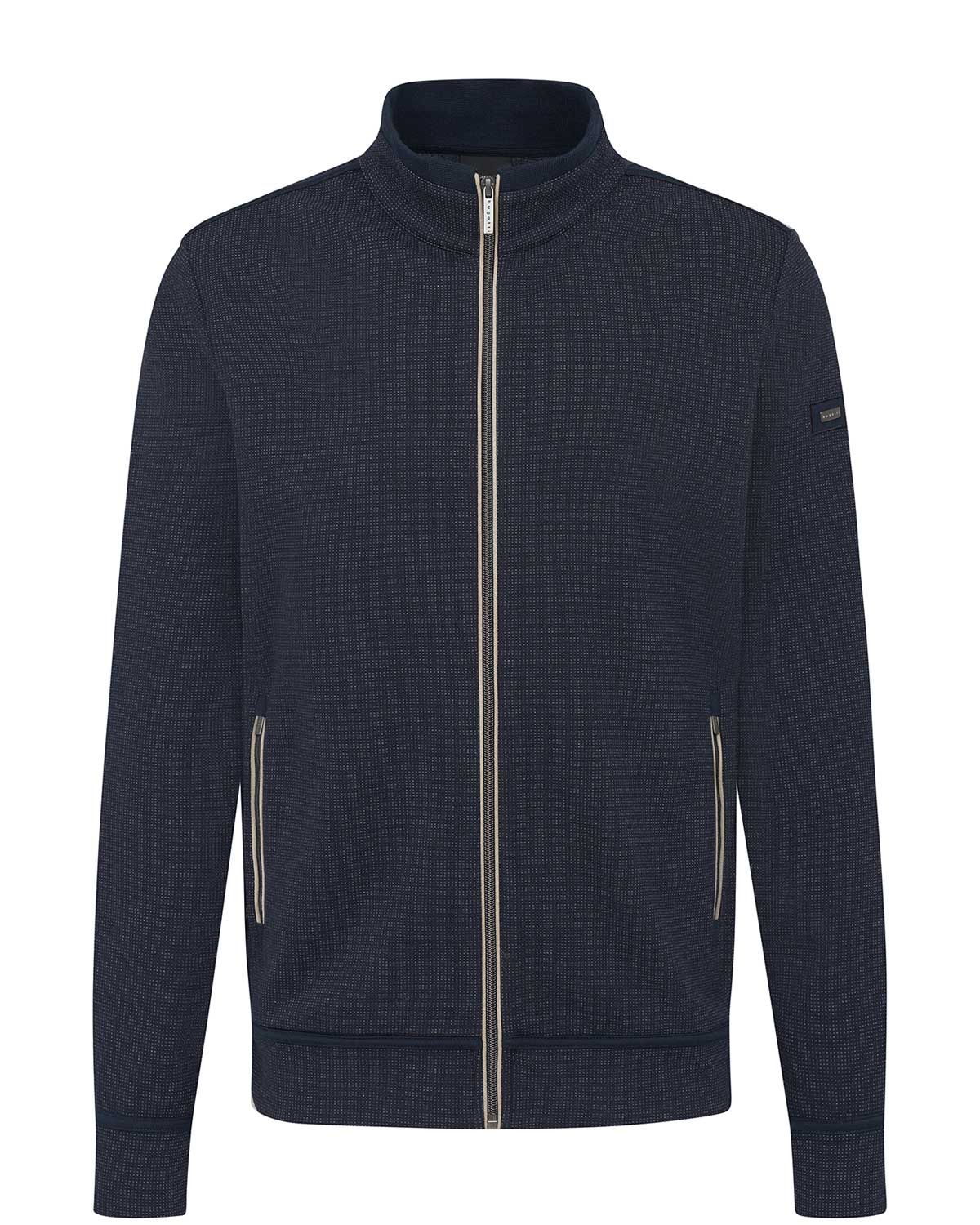 Bugatti vest in dark blue with subtle birdseye pattern – front view. Vest with full zipper extending into the stand-up collar and zippered side pockets.