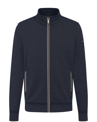 Bugatti vest in dark blue with subtle birdseye pattern – front view. Vest with full zipper extending into the stand-up collar and zippered side pockets.