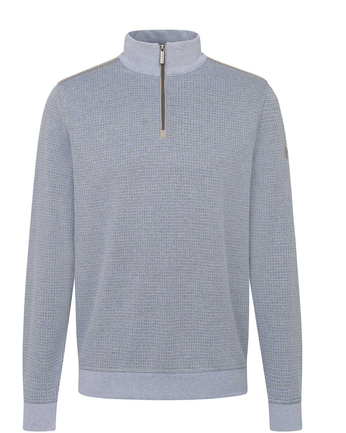 Bugatti fine-knit pullover in blue and light beige – front view. Luxurious men’s pullover with short zipper and stand-up collar.