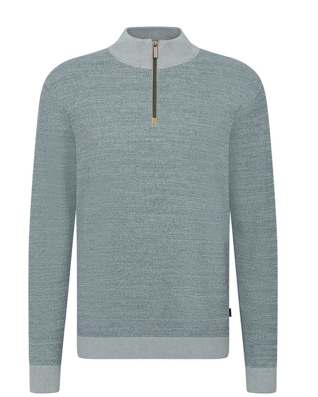 Bugatti fine-knit half-zip sweater in green-beige – front view. Stylish men’s pullover with stand-up collar and leather zip detail.