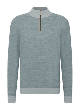 Bugatti fine-knit half-zip sweater in green-beige – front view. Stylish men’s pullover with stand-up collar and leather zip detail.
