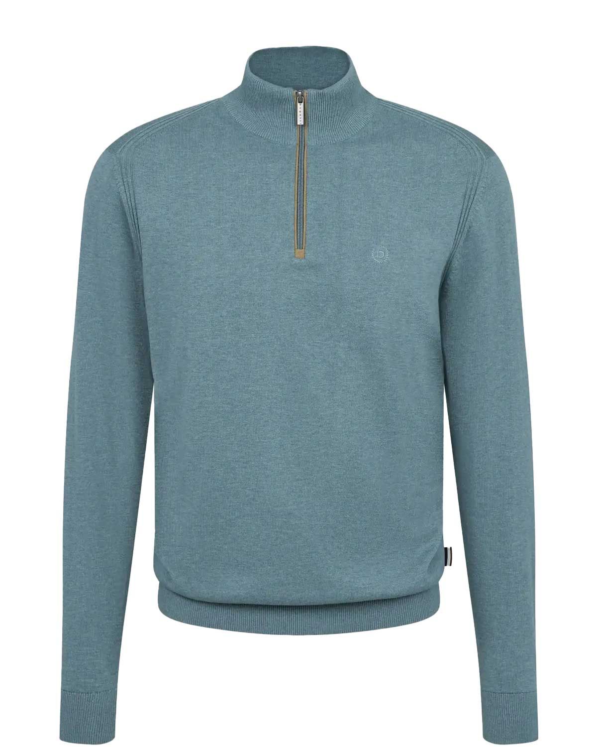 Bugatti half-zip sweater in blue-green – front view. Stylish men’s pullover with stand-up collar and luxury zip detail.