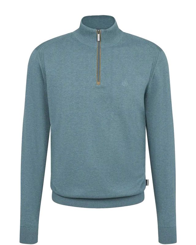 Bugatti half-zip sweater in blue-green – front view. Stylish men’s pullover with stand-up collar and luxury zip detail.