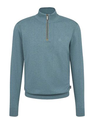 Bugatti half-zip sweater in blue-green – front view. Stylish men’s pullover with stand-up collar and luxury zip detail.
