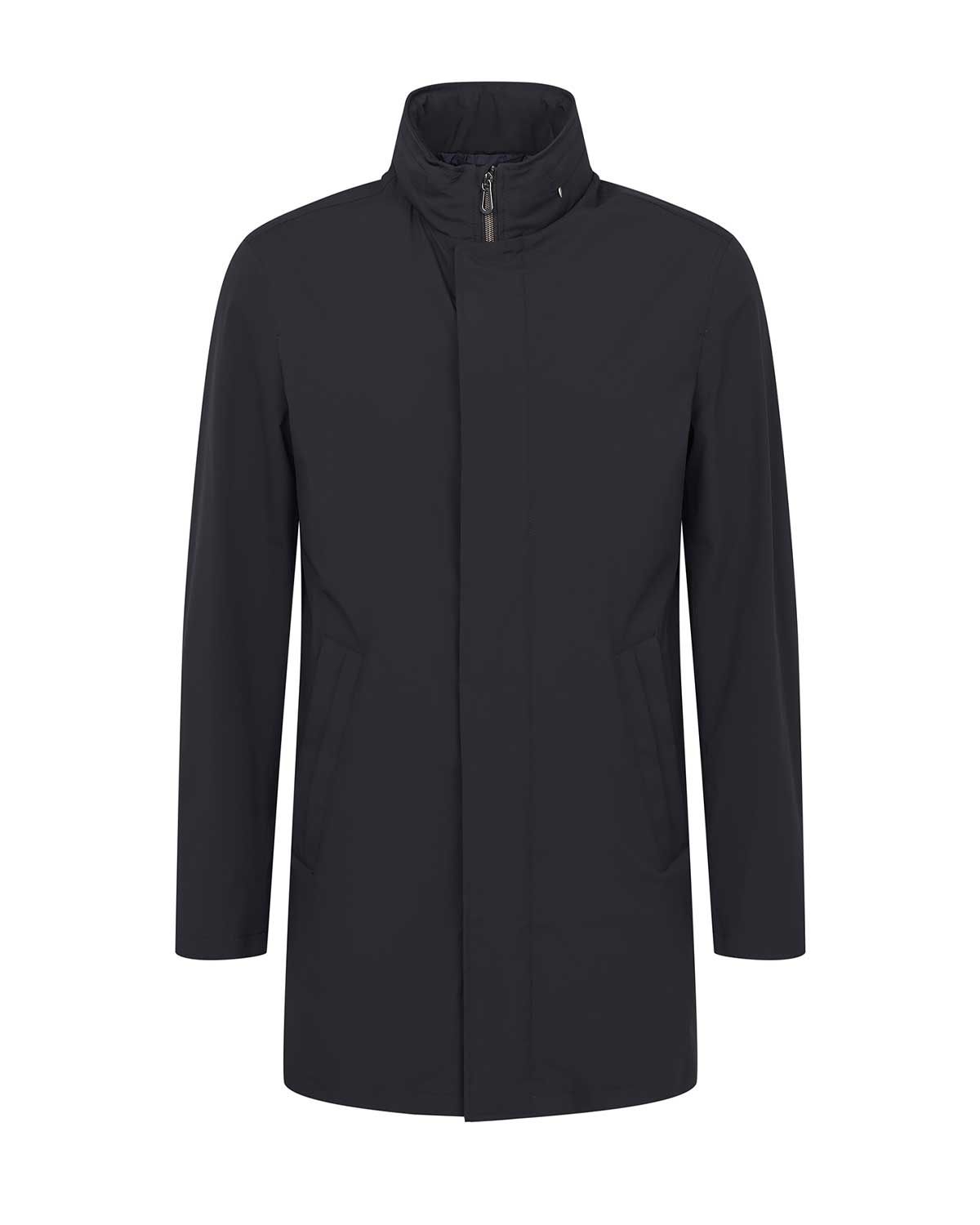 Bugatti raincoat in dark blue – front view. Stylish mid-length men&#39;s coat with zip and press-button closure.