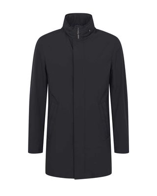 Bugatti raincoat in dark blue – front view. Stylish mid-length men&#39;s coat with zip and press-button closure.