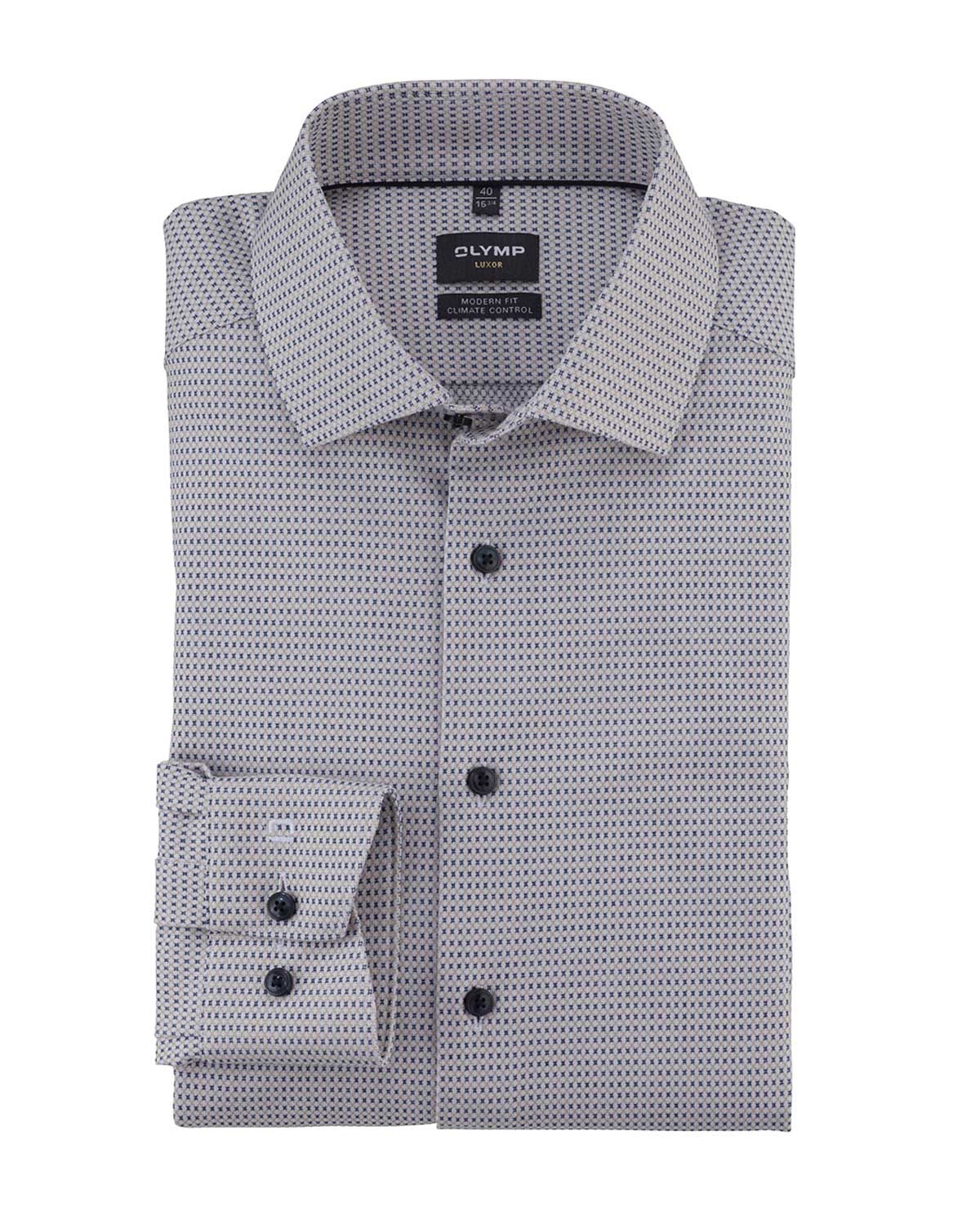 Front view of Olymp Luxor Modern Fit shirt 13087422 in natural tone with micro-weave pattern.
